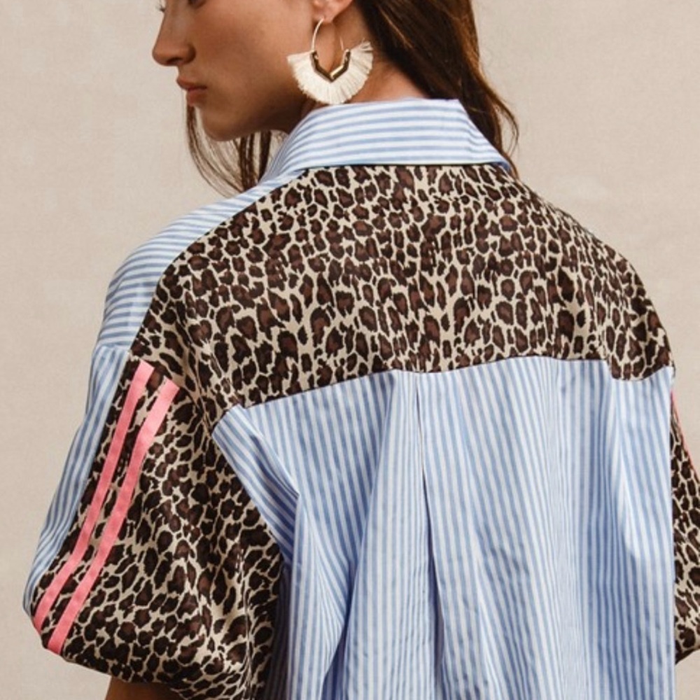Striped Leopard Print Button Down Top - image 1